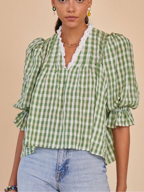HUNTER BELL Tops - NWT Hunter Bell Mia Green and White Gingham Puff-Sleeve V-Neck Blouse